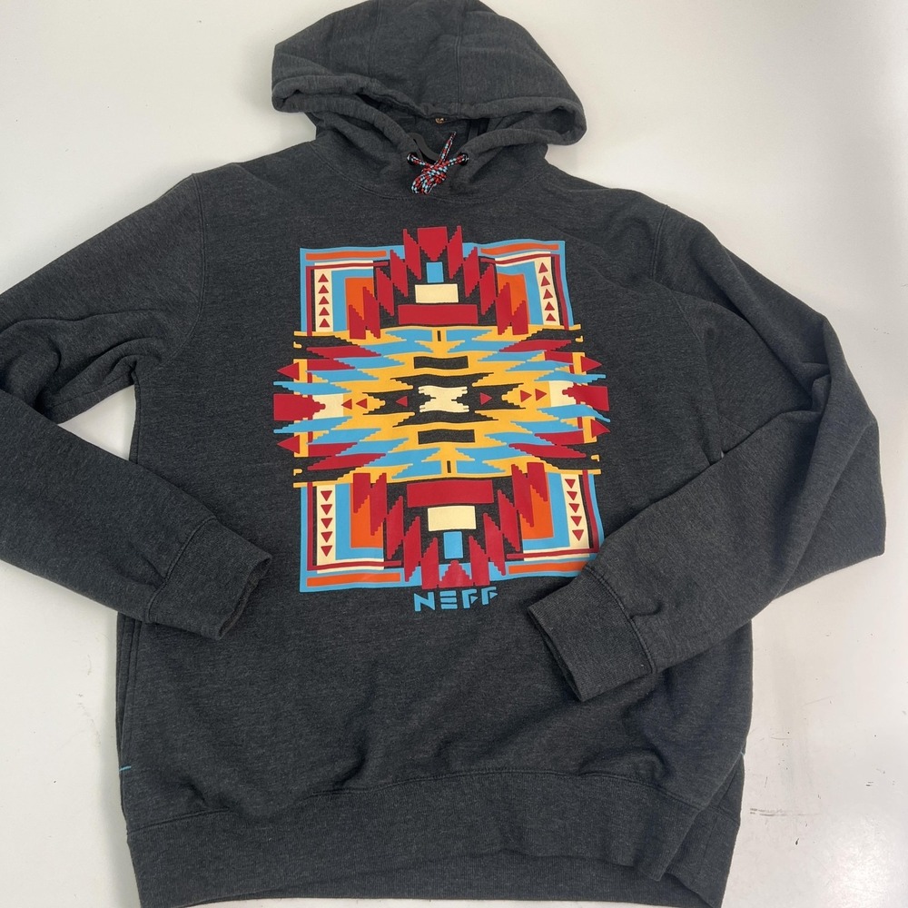 Neff Hoodie‎ Mens Medium Gray Aztec Tribal Graphic Fleece Pullover Sweatshirt